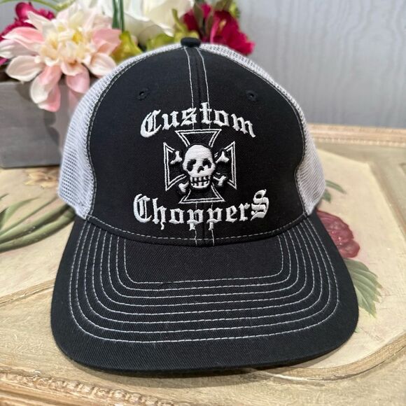 Falcon Custom Choppers Adjustable Mesh Trucker Cap Hat Skull Black Unisex NWOT - Picture 1 of 13